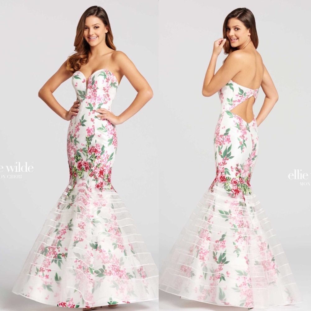 Mon Cheri strapless floral Ivory Multi long Gown